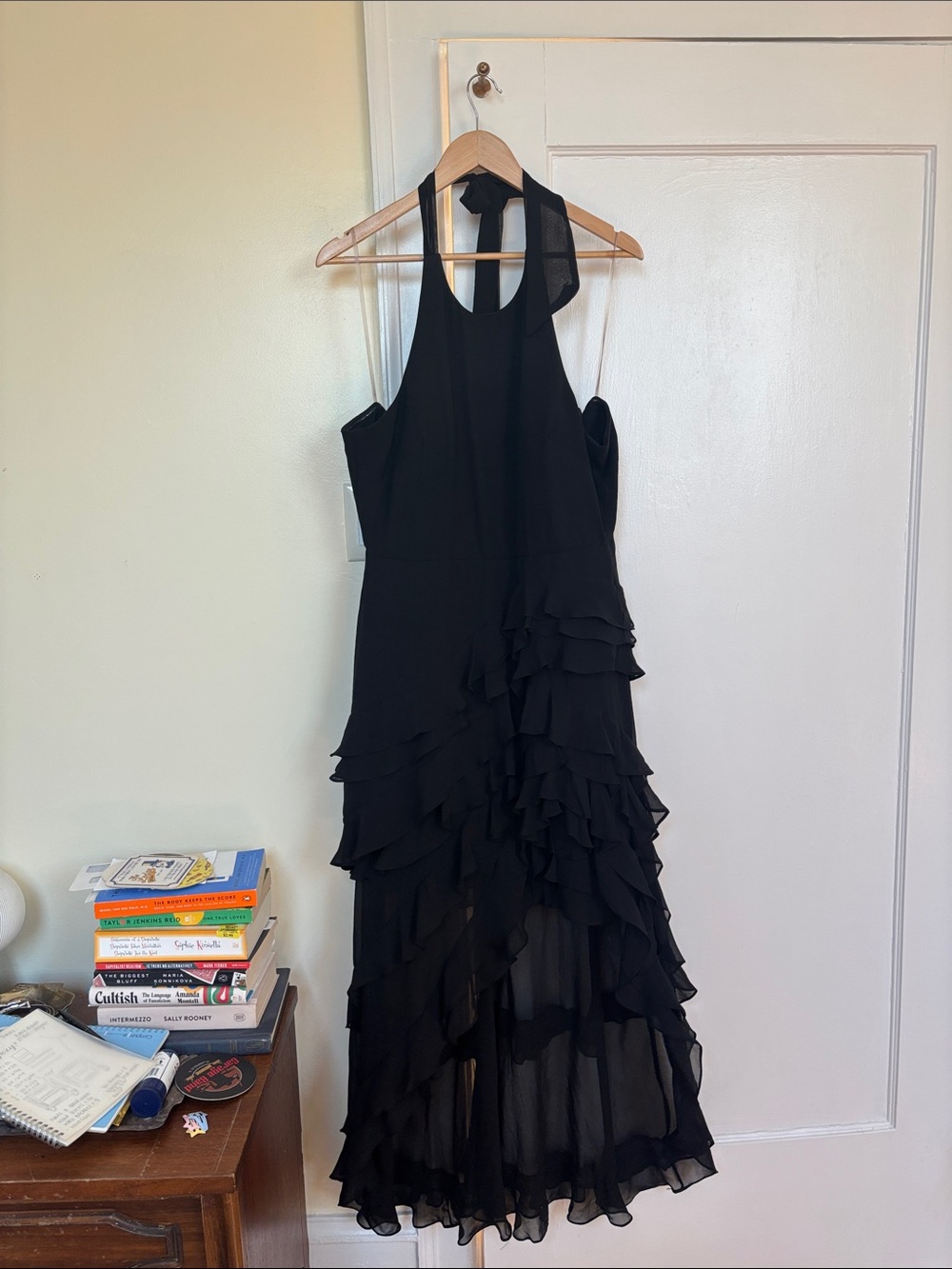 MSK Black Halter High-Low Ruffle Maxi Dress